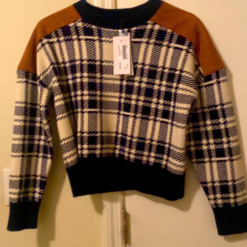 Plaid navy beige brown suede on shoulder sweater
